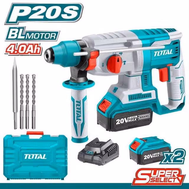 Martello rotativo tassellatore demolitore a batteria TOTAL con 2 batterie da 4Ah e forza di 2J multicolore