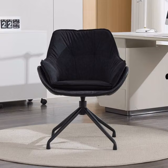 Poltrona girevole OKWISH in ecopelle nera con seduta ergonomica e base in metallo L: 69 cm, P: 65 cm, H: 46 cm