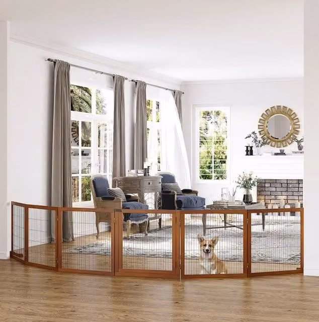 Cancelletto per cani ULEVR pieghevole 432x36x70 cm in legno di pino color caff¨¨, con piedi di supporto