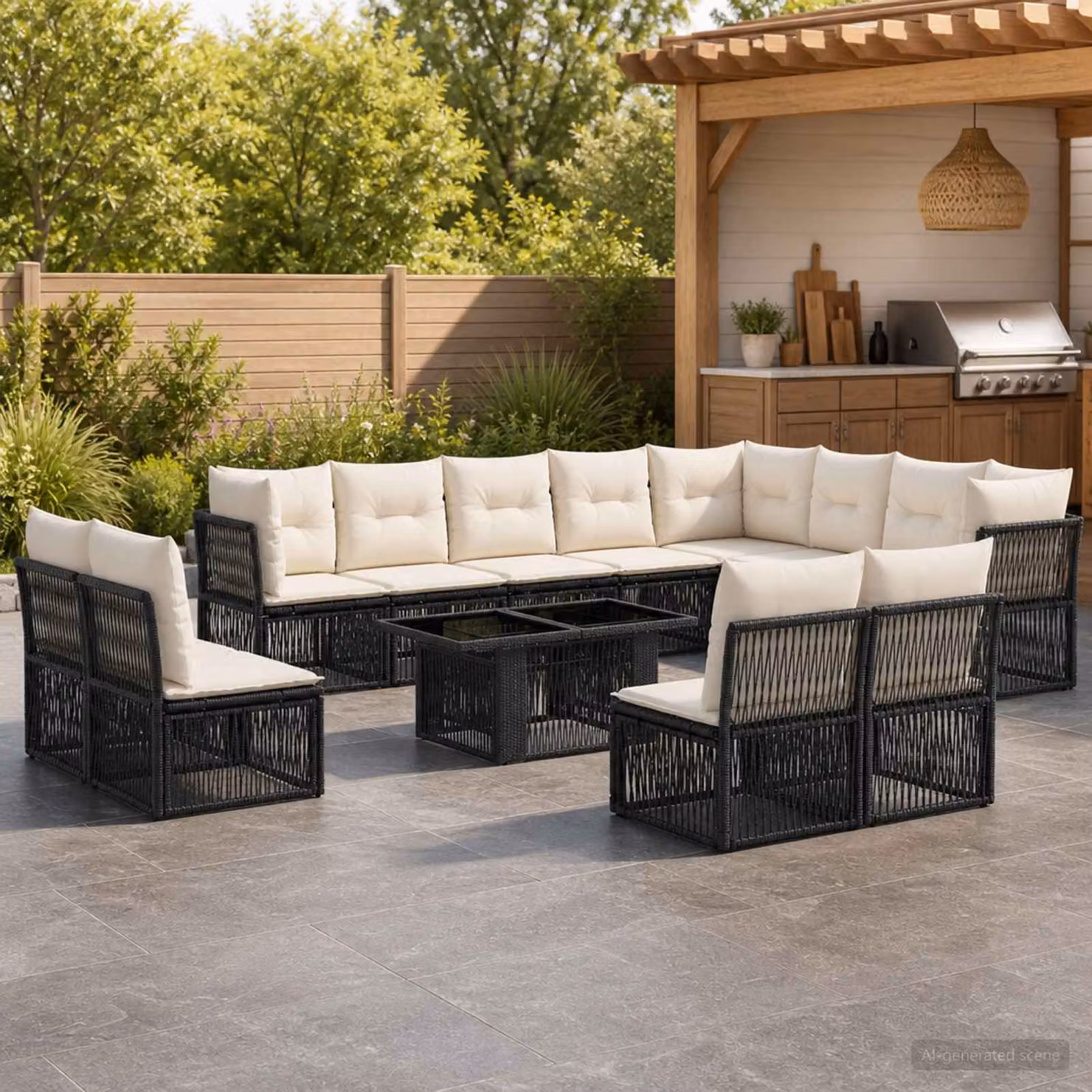 Set Divano da Giardino vidaXL 13 pz Nero in Polyrattan con Cuscini e Tavolino da Caffè, Design Moderno a Forma di U per Terrazza e Giardino