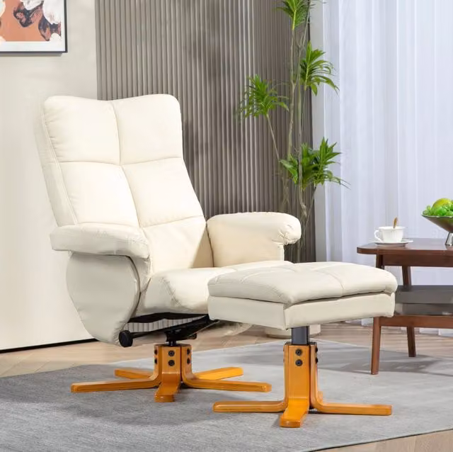 Poltrona relax ULEVR reclinabile 145¡ã e girevole 360¡ã con poggiapiedi contenitore, bianco crema