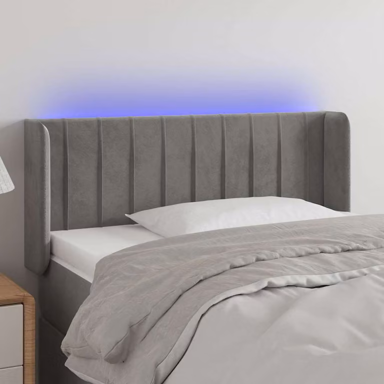 Testiera per letto vidaXL in velluto grigio chiaro con illuminazione LED e porta di ricarica USB, L: 93 cm, P: 16 cm, H: 78-88 cm