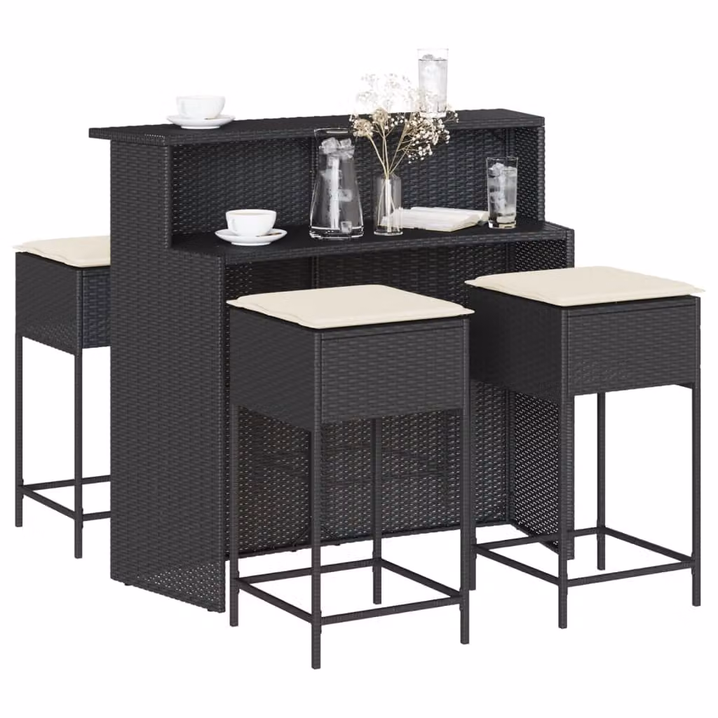 vidaXL Set Bar da Giardino 5 pz in Polyrattan Nero con Cuscini