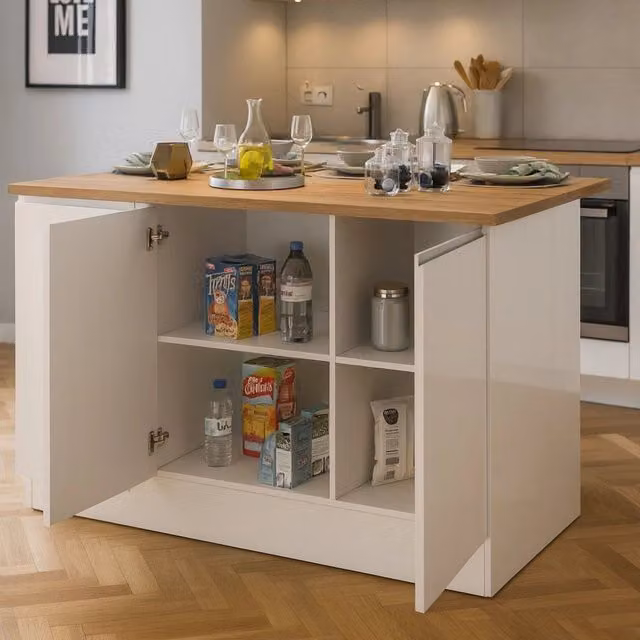 Isola da cucina Tartaro DMORA con 3 ante e ripiani interni, Bianco lucido e Rovere, L: 155 cm, P: 90 cm, H: 90 cm – 1