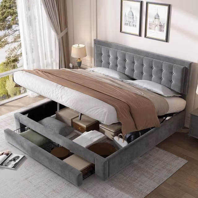 Letto matrimoniale 180x200 in velluto grigio con contenitore; cassetti e rete a doghe