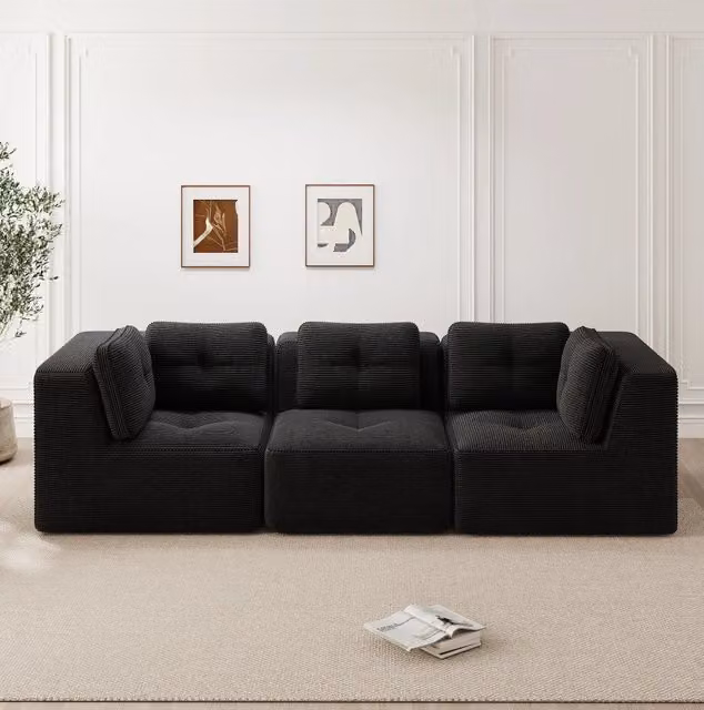 Divano angolare modulare in corduroy; 297x104x69 cm; nero