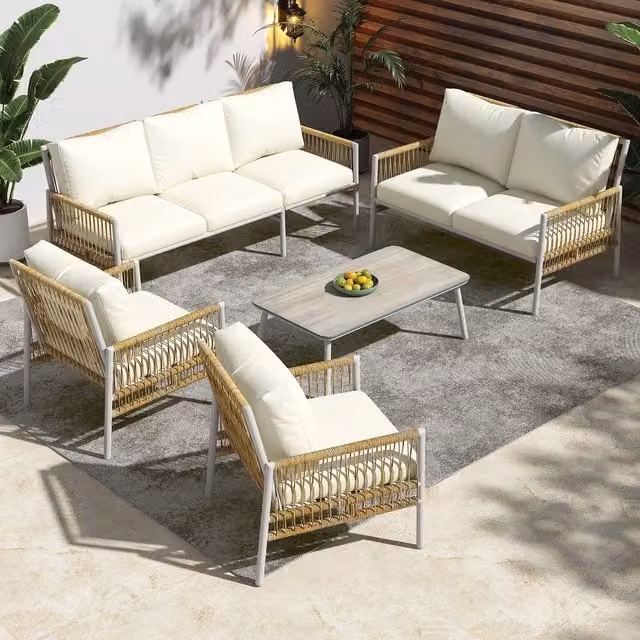 Set mobili giardino 7 posti ¨C Minimal ¨C polyrattan beige, cuscini rimovibili, tavolino con piano in vetro