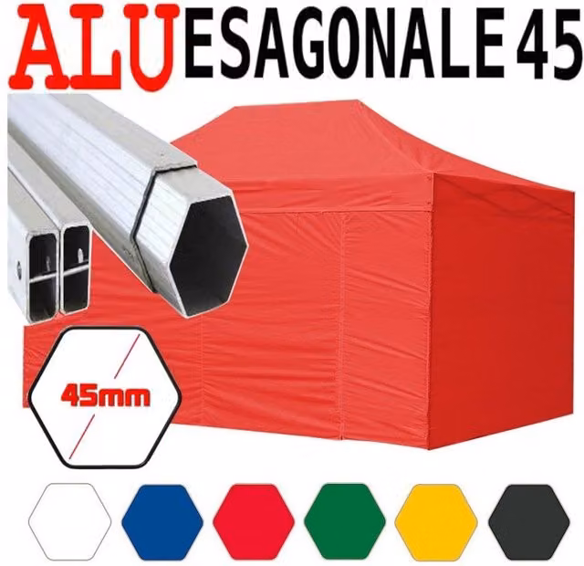 Gazebo 3x4,5 m rosso pieghevole alluminio piantone esagonale 45mm portatile estendibile richiudibile estensibile acciaio con laterali per fiere eventi stand chiosco tenda tendone mercato mercatino