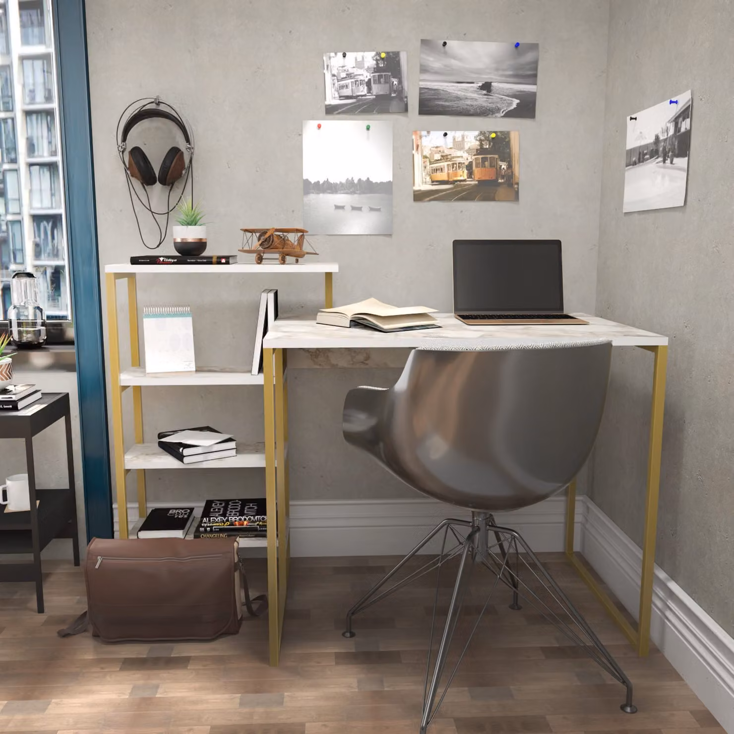 Skye Decor, Rino - Oro, Scrivania, Oro, 100% PANNELLI DI PARTICELLE RIVESTITI IN MELAMMINA, 133 x 60 x 76,8 cm