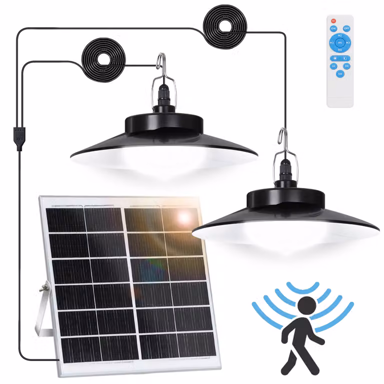 Lampada solare a LED con sensore di movimento, lampada a sospensione bianco freddo IP65, lampada da giardino dimmerabile con timer e 5 modalità, ideale per balconi e gazebo (2 lampade)