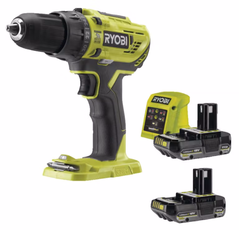 Trapano avvitatore Ryobi con percussione + 2 batterie da 2,0 Ah + caricabatterie