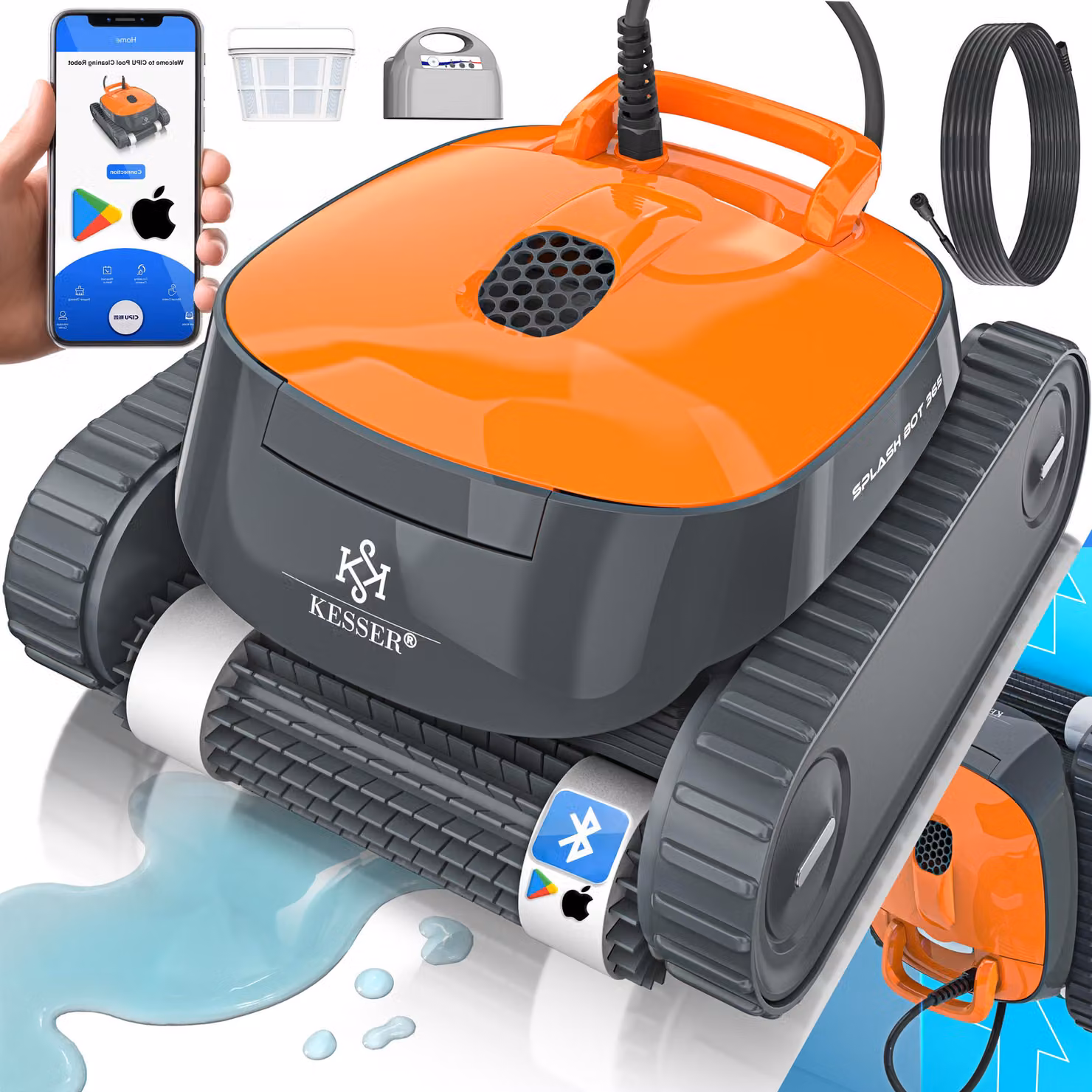 Robot pulitore per piscine KESSER® per fondo e pareti, aspirapolvere per piscine fino a 100 m², pulizia potente, pulitore per piscine completamente automatico con funzione app e modulo di controllo, include copertura e meccanismo di arrampicata