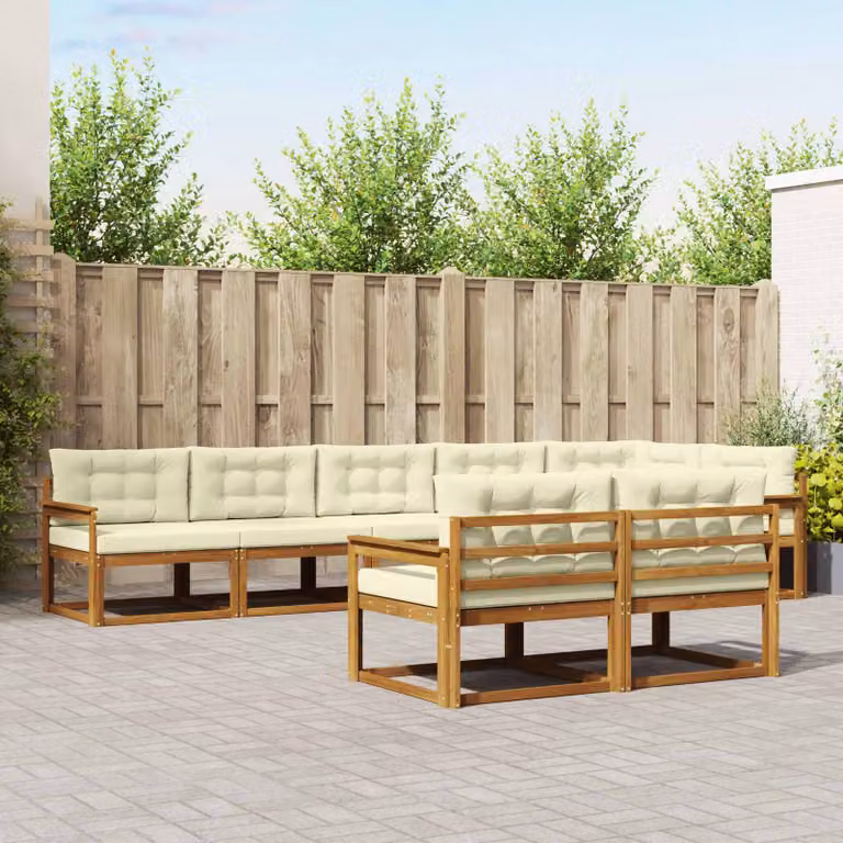 vidaXL Set di divani da esterno a forma di U composto da 8 pezzi in legno di acacia con cuscini beige e bianchi