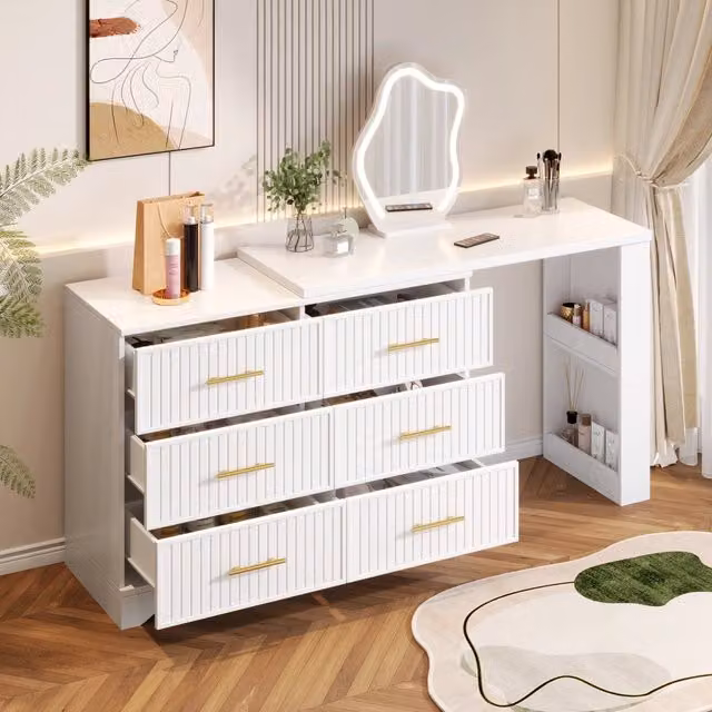 Tavolo da toeletta girevole con specchio LED, 6 cassetti e vani aperti per camera, bianco e oro, 110 × 40 × 129 cm