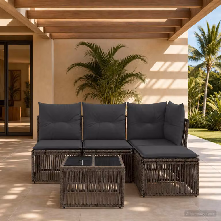 Set Divano da Giardino vidaXL 5 Pezzi a Forma di L Grigio con Cuscini e Tavolino