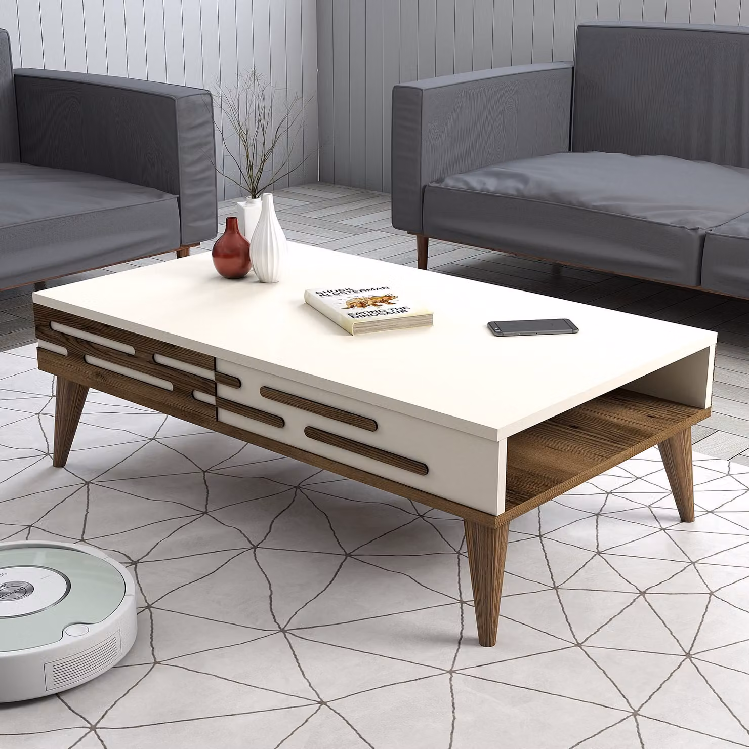 Skye Decor, Valensiya - Noce, Crema, Tavolino, Noce, 100% PANNELLI DI PARTICELLE RIVESTITI IN MELAMMINA, 105 x 34,6 x 60 cm
