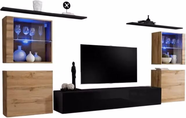 Composizione murale SWITCH XIV Meublorama con mobile TV sospeso, vetrina con ante in vetro e illuminazione LED, nero lucido e quercia Wotan – 1