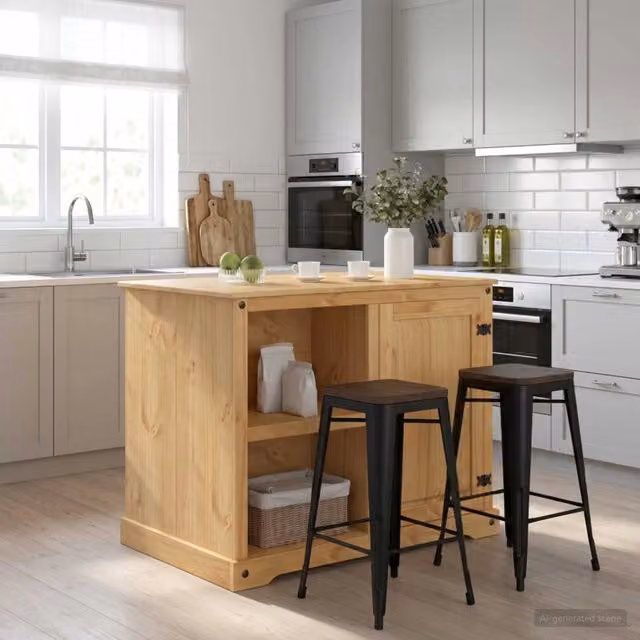 Set isola da cucina moderna vidaXL in legno di pino color marrone L: 112 cm, P: 77 cm, H: 91,5 cm – 1