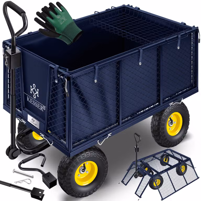 Carrello da giardino KESSER® con portata di 550 kg, carrello da trasporto, carrello da giardino con telone rimovibile, carrello porta-attrezzi, carrello a mano, versatile, guanti inclusi