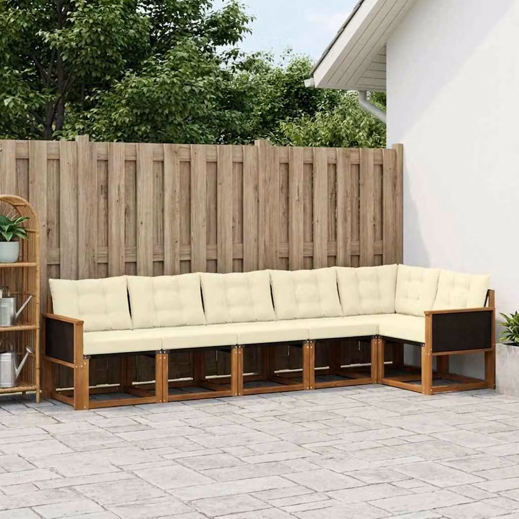 Set di divani da esterno vidaXL in legno di acacia con cuscini, composizione a L, colore beige e marrone