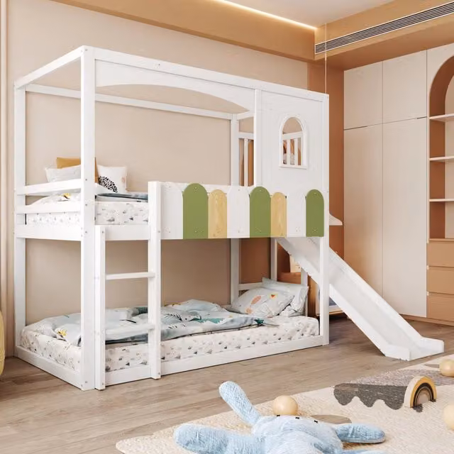 Letto a soppalco OKWISH per bambini in legno con struttura a casetta, scivolo e scala, bianco e verde, L/P/H: 200 x 90 x 165,5 cm