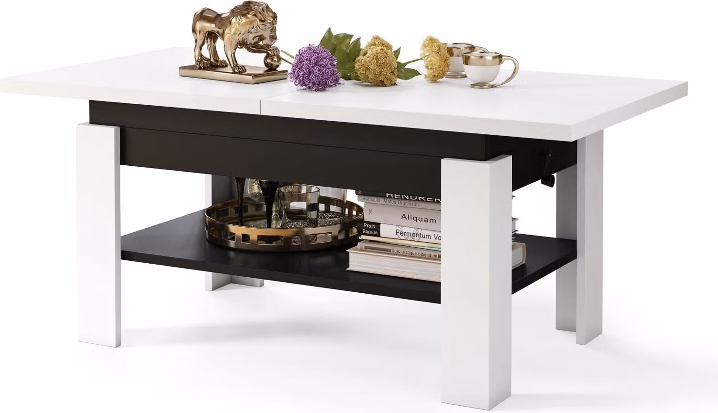 Tavolino All4All Rino, tavolino da caffè, tavolino da salotto con ripiano, tavolino da divano, allungabile fino a 170 cm, regolabile in altezza, 130x65 cm, 05, bianco + nero