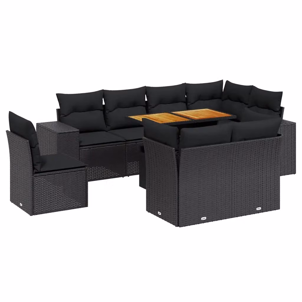 vidaXL Set Divani da Giardino 9 pz a Forma a L con Cuscini e Tavolino Nero in Polyrattan e Legno di Acacia – 2