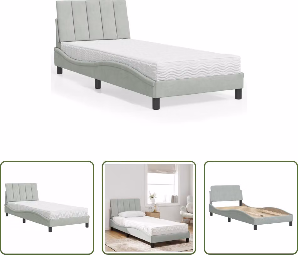 The Living Store Letto con materasso grigio chiaro 90x190 cm in velluto