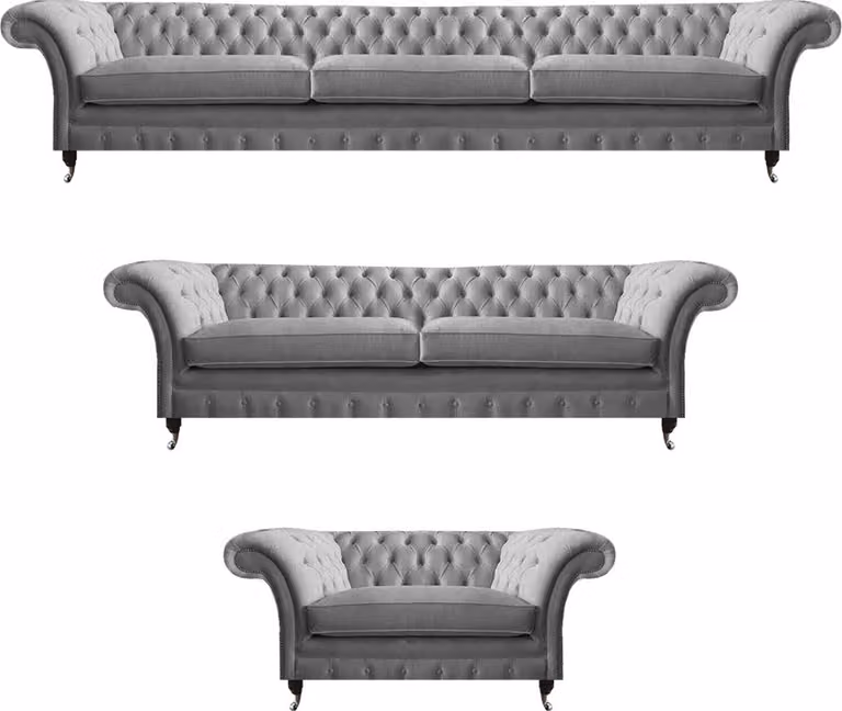 Modern Designer Möbel Set Grau Komplett 3tlg Luxus Chesterfield Sofagarnitur