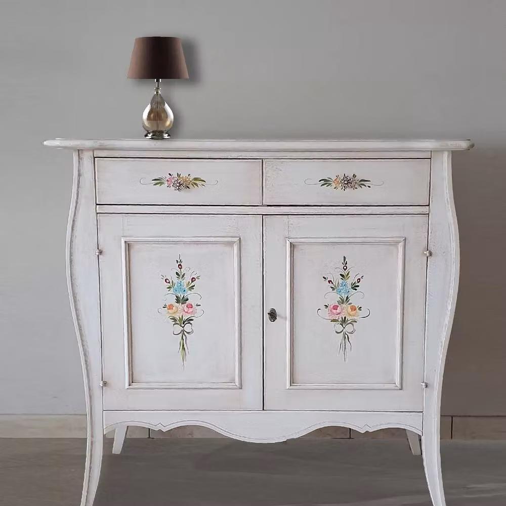 Madia credenza in legno di pino stile shabby chic bianco anticato decorato con motivi floreali Mobili 2G L: 105 cm, P: 50 cm, H: 100 cm – 1