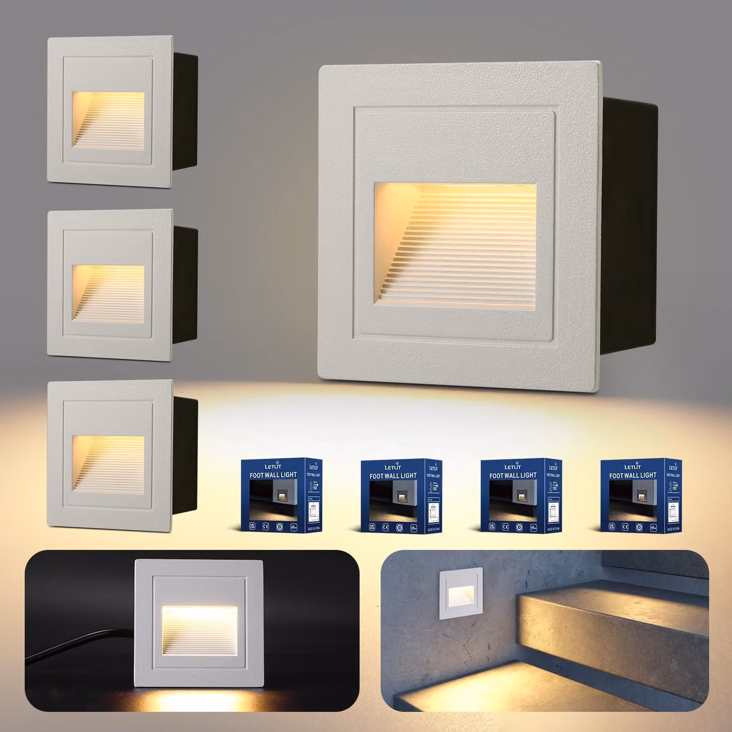 Lampade a incasso da parete, confezione da 4, 3W, 300 lumen, 3000K, grado di protezione IP65, dimensioni 85x85mm, alluminio bianco