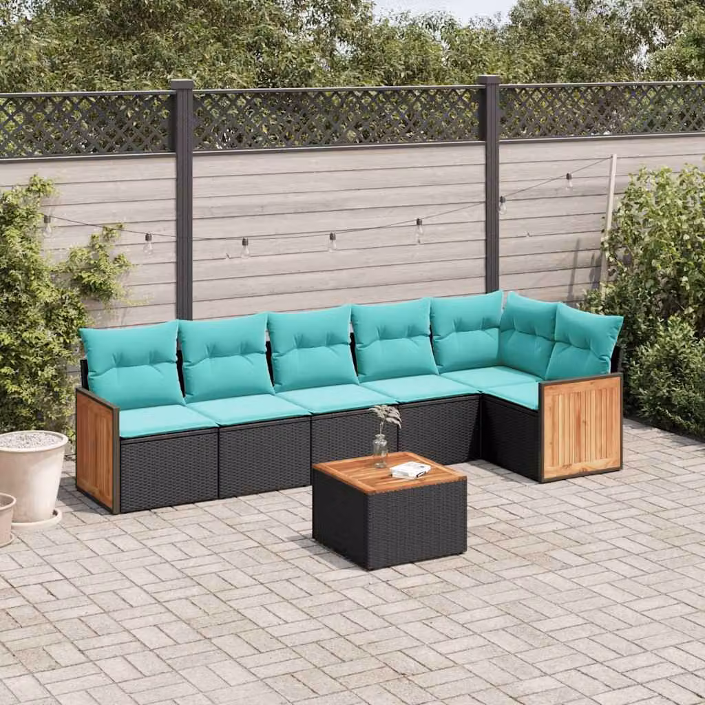 Set di divani da giardino vidaXL in polyrattan nero con 7 pezzi e cuscini inclusi