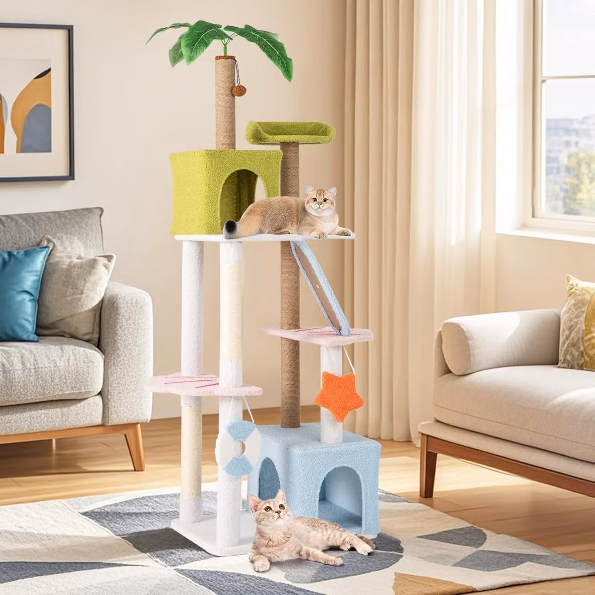 Albero per gatti Costway a più livelli con tema spiaggia e giocattoli integrati, Altezza: 180 cm, Colore: Verde, Blu e Bianco