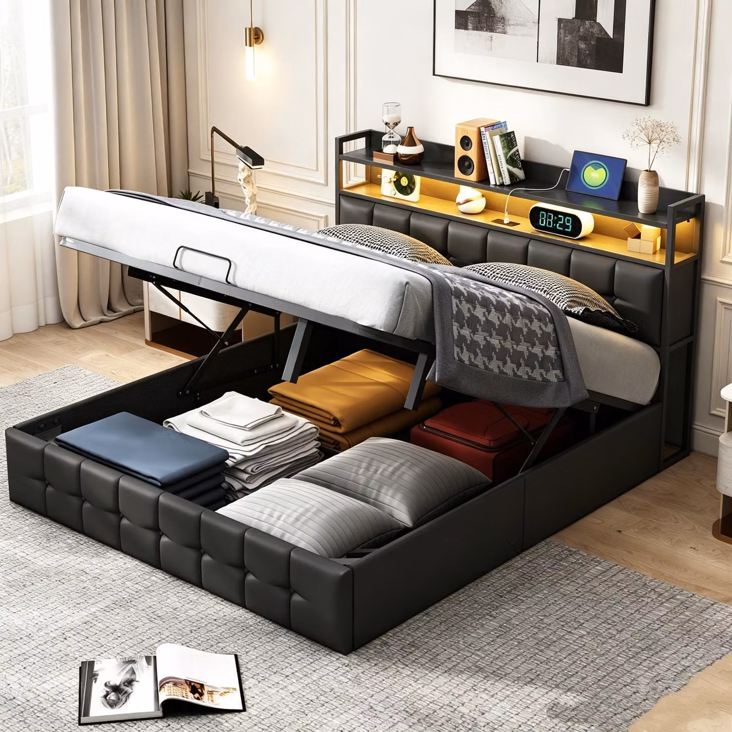 Letto con rete a molle INONEFT, dimensioni 160 x 200 cm, con prese USB e prese di corrente, letto imbottito con spazio contenitore, letto per ragazzi con illuminazione LED, rivestito in ecopelle, colore nero