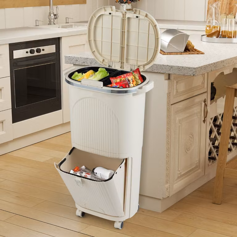 Pattumiera per differenziata Costway da 38 l con coperchio a ribalta e 2 secchi rimovibili, colore beige