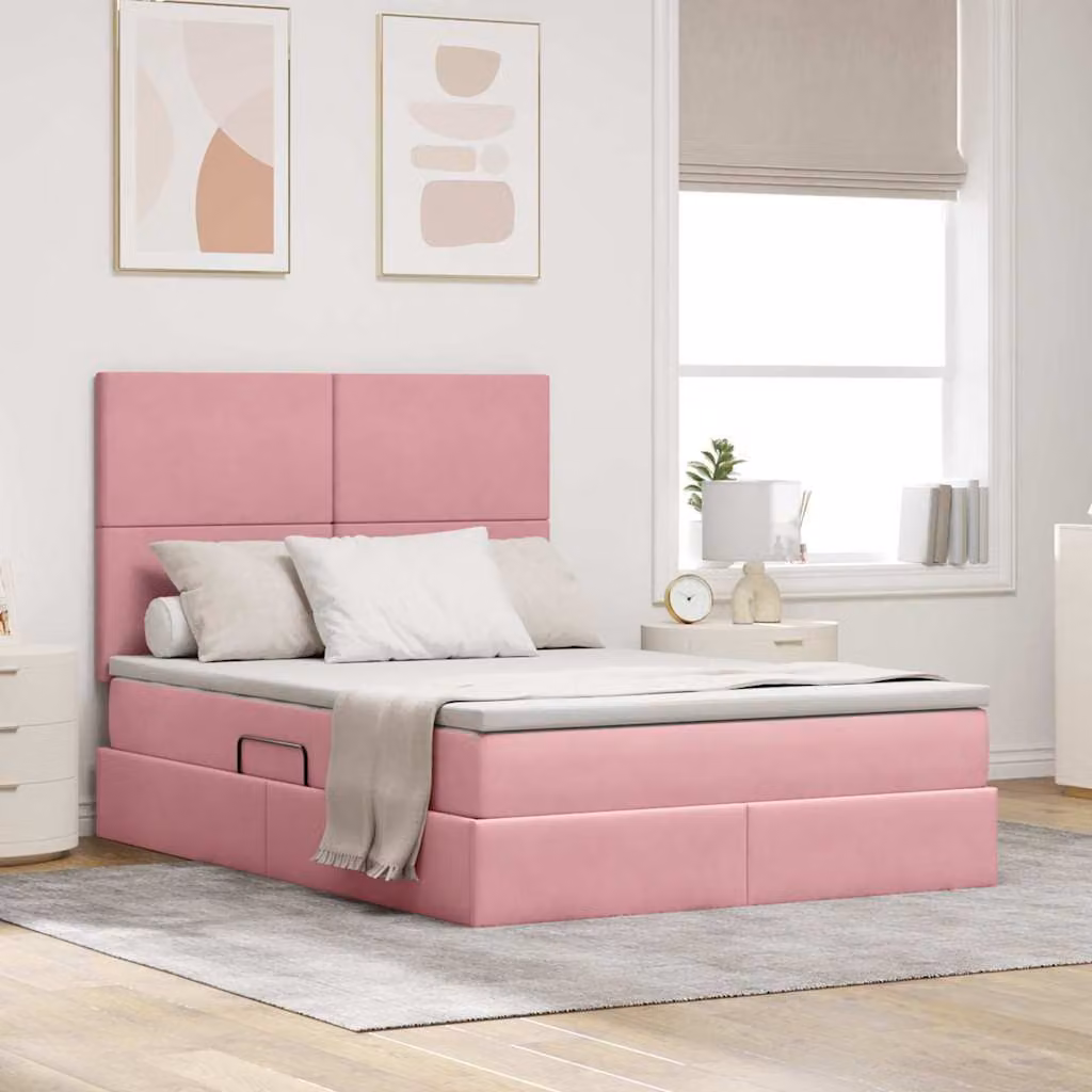 Letto con contenitore e illuminazione LED vidaXL in velluto rosa, L/P/H: 140 x 200 x 128 cm – 1