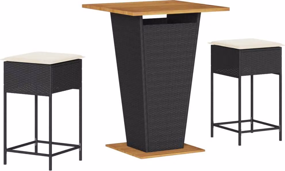 Set Bar da Giardino 3 pz con Cuscini in Polyrattan Nero