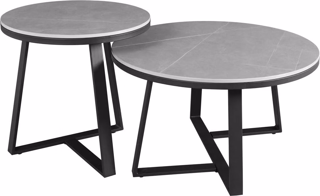 In And OutdoorMatch Tavolino Deluxe Derby - Rotondo - Set di 2 - Grigio - Aspetto marmo - Pietra sinterizzata - Tavolino