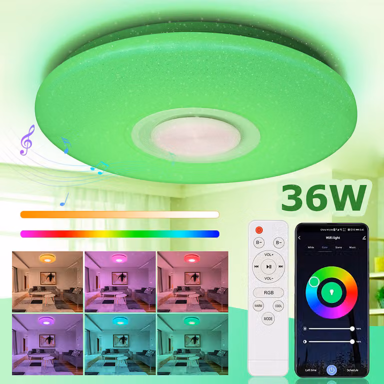 Plafoniera Jopassy 36W LED con effetto cielo stellato antiabbagliante, telecomando e funzione musicale Bluetooth