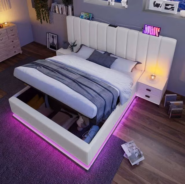 Letto 160x200 cm con materasso, contenitore, LED e ricarica USB/USB-C in PU bianco