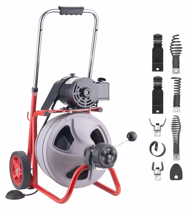 Macchina per la pulizia dei tubi - Dispositivo per la pulizia degli scarichi - Spirale da 30 m, 9,5 mm - Avanzamento automatico - 8 utensili da taglio - Interruttore a pedale pneumatico - Per tubi da 50-100 mm