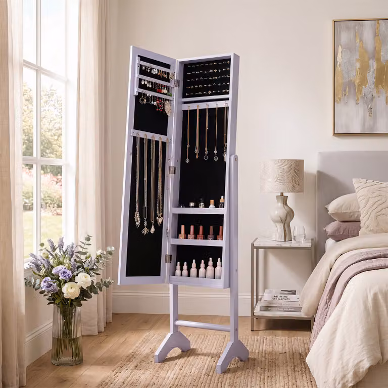 Armadietto portagioie 2-in-1 con specchio da terra Costway, viola, per camera da letto e soggiorno