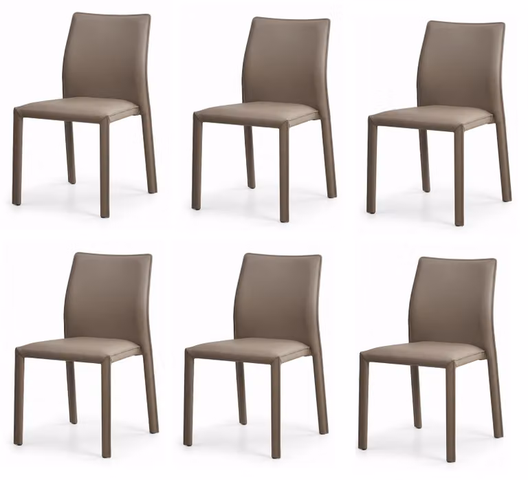 Set di 6 eccellenti sedie da pranzo, design minimalista, in pelle color taupe