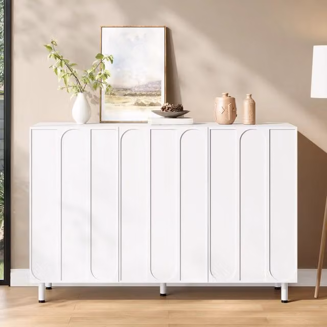 Scarpiera moderna Mivray bianca con 3 ante soft close e ripiani regolabili in MDF, L: 120 cm, P: 37 cm, H: 80 cm