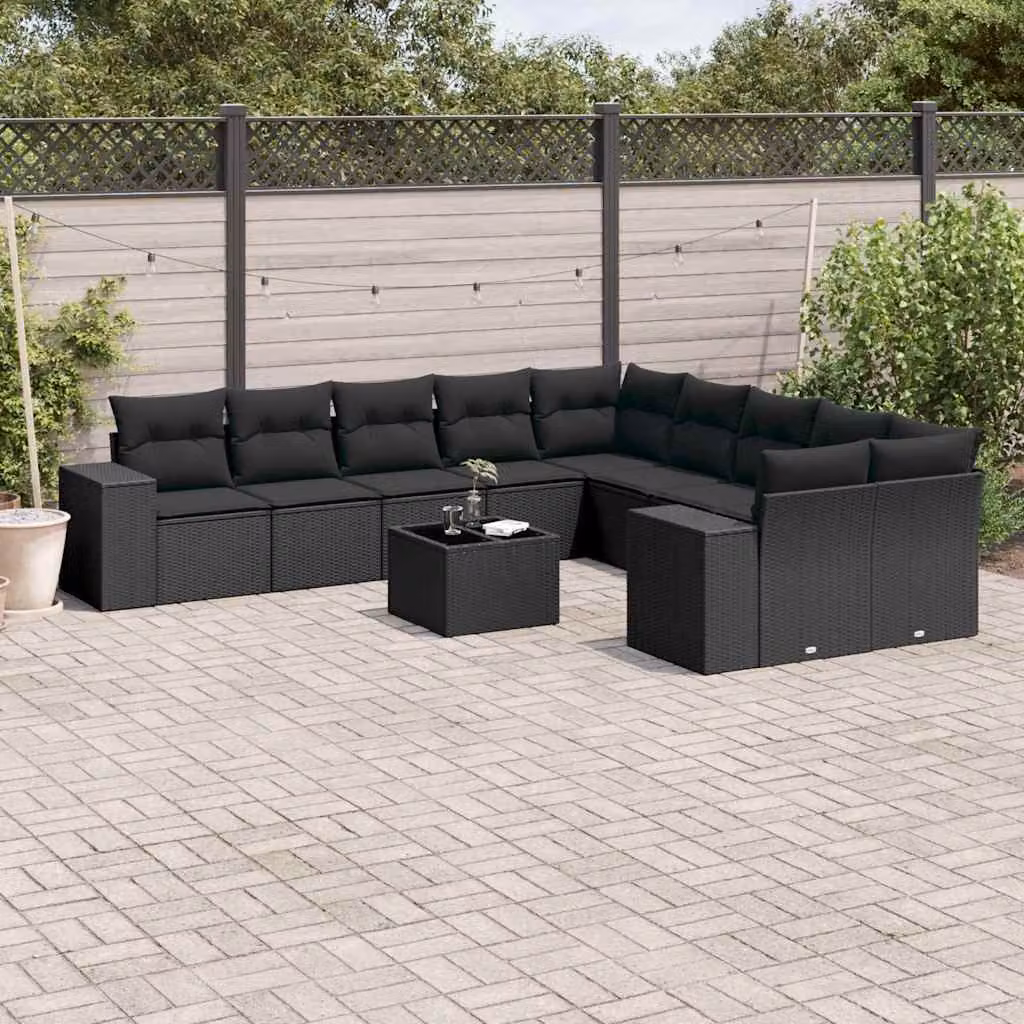 vidaXL Set Divani da Giardino 11 pz a Forma a L con Cuscini e Tavolino Nero – 1