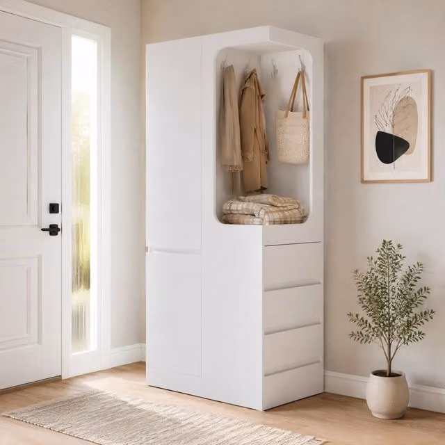 Armadio ULEVR 70x40x170 cm con anta, 4 cassetti laterali e zona appendiabiti aperta, bianco