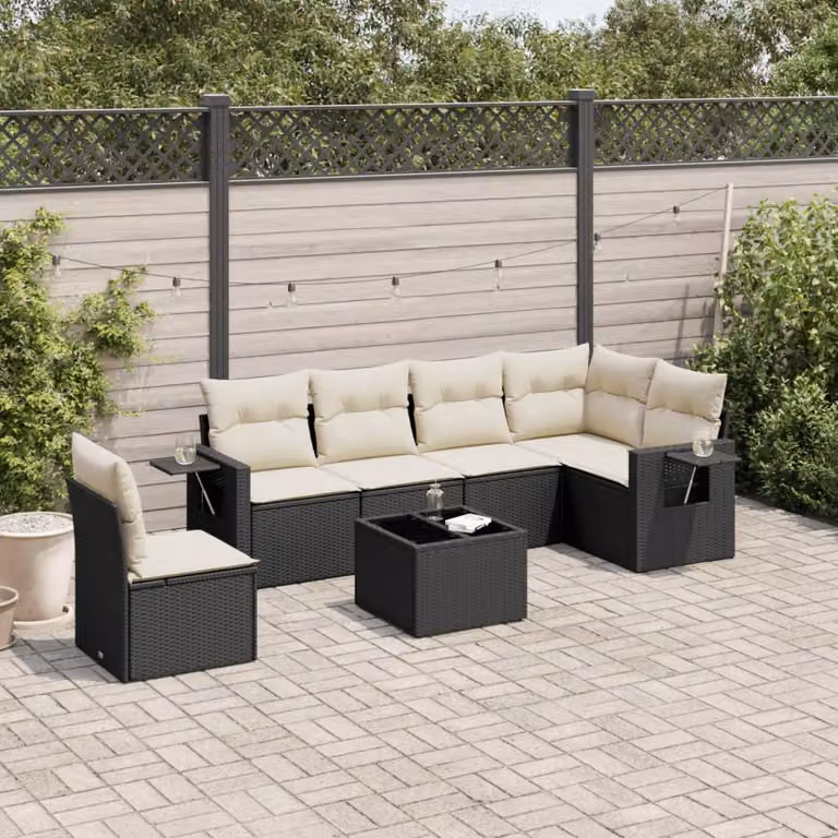 Set Divano da Giardino a L con Tavolino vidaXL, 7 Pezzi, Nero e Bianco, Polyrattan e Metallo con Cuscini Inclusi