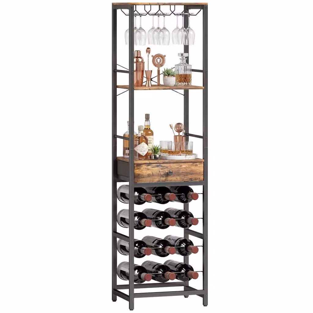 Tavolo bar Minimal in stile industriale marrone e nero con supporto bicchieri, cassetto per bottiglie e altezza regolabile L/P/H: 148 x 40 x 30 cm – 2
