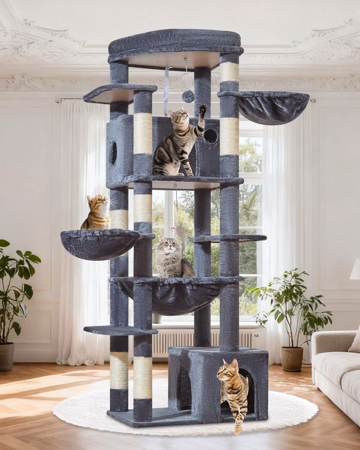 Katzenbaum XXL, 182 cm di altezza, con 2 casette per gatti, 7 pali da graffio, amaca, ideale per l'uso in casa