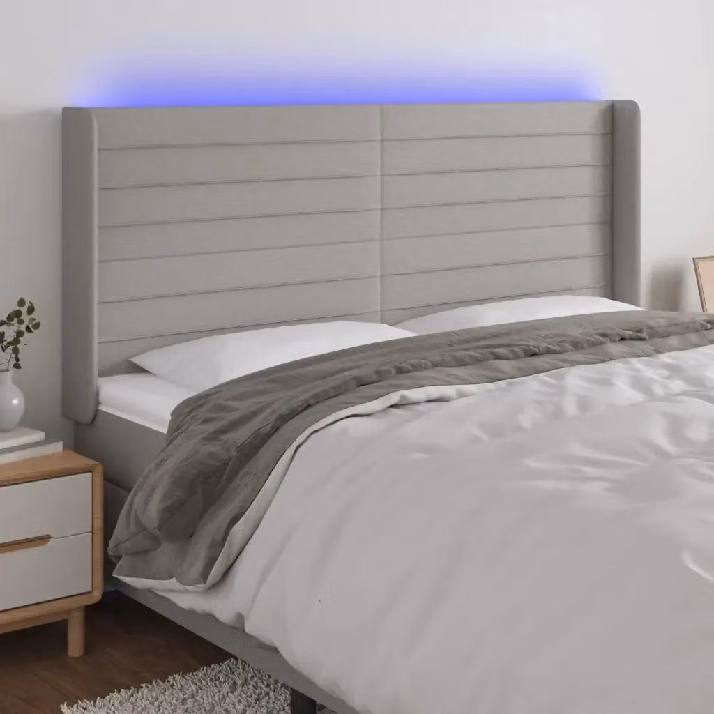 Testata del letto moderna con illuminazione LED e porta USB in tessuto grigio chiaro L: 203 cm, P: 16 cm, H: 118/128 cm – 2